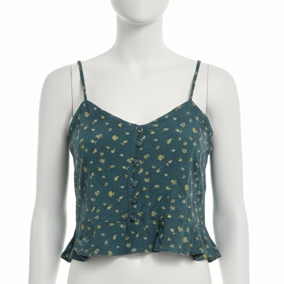 Tops - Cute Teal/Blue Ditsy Floral Print Ruffle Hem Crop Cami Small